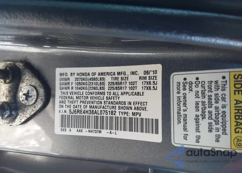 2010 Honda Cr-V Lx из США, поврежденный, VIN 5J6RE4H38AL075182